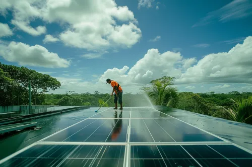 Professionnel effectuant le nettoyage minutieux d'un panneau solaire avec un équipement spécialisé sur une toiture